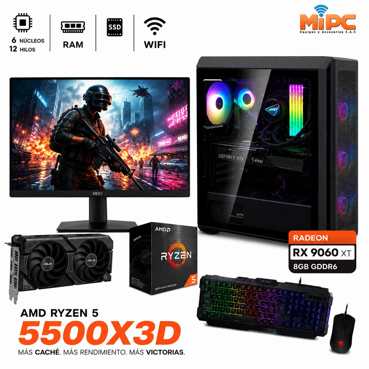 PC Gamer Ryzen 5 5500X3D + Grafica RX 9060 XT de 8GB + Monitor Gamer