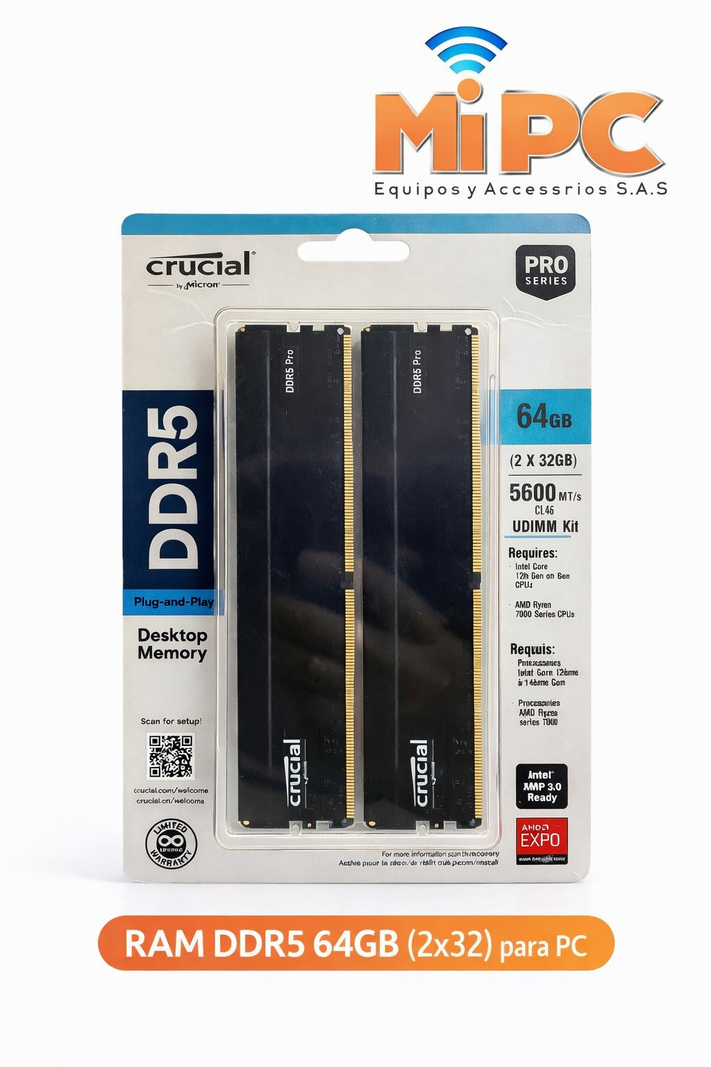 Memoria Ram DDR5 64GB para pc  Kit 2x32 gb Crucial