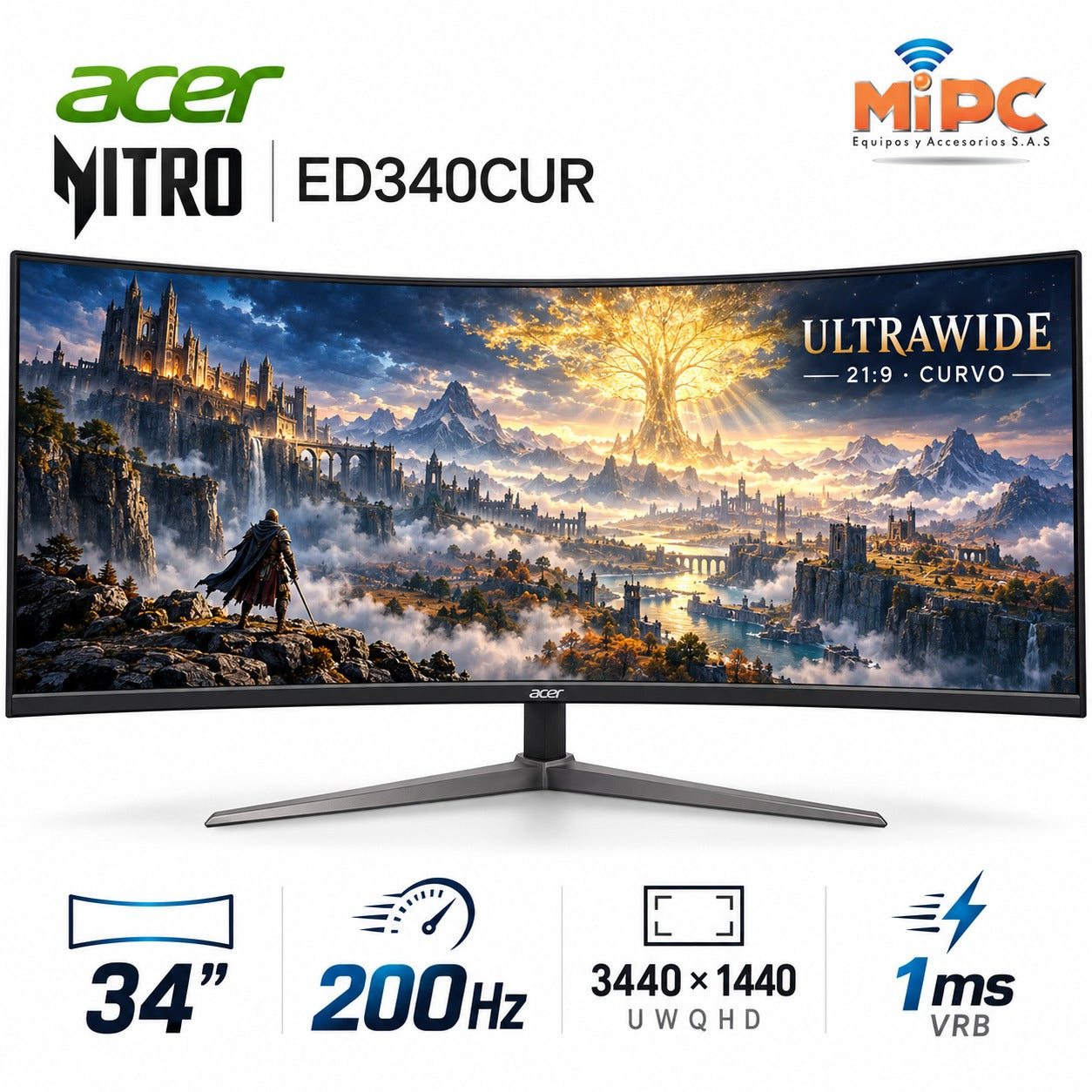 Monitor Gamer Acer Nitro ED340 CUR34 Curvo Ultra Wide WQHD 200Hz