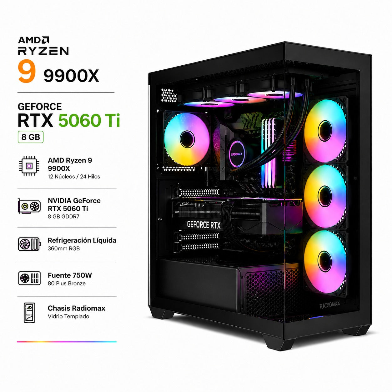 Pc Gamer Ryzen 9 9900X con RTX 5060 ti de 8 Gb
