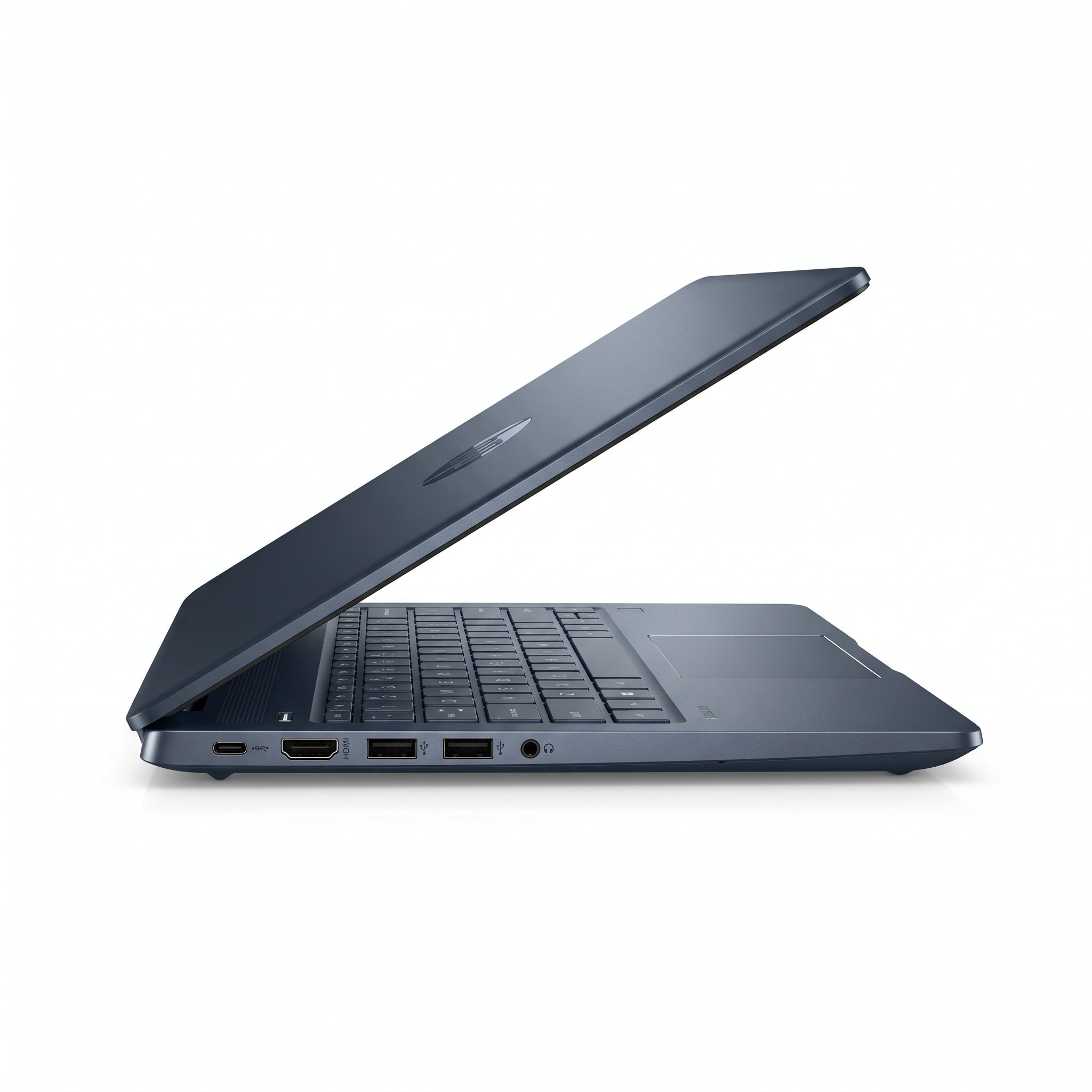 Portátil HP 15-FC0256LA AMD Ryzen 5 de 15.6 pulgadas en color Moonlight Blue vista frontal abierta con teclado numérico sobre fondo blanco